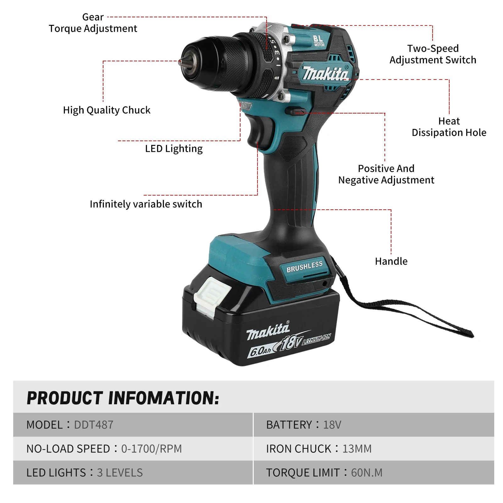Makita DDF487 18V Lithium Dril - Makita Drill Ddf484 评论和价格